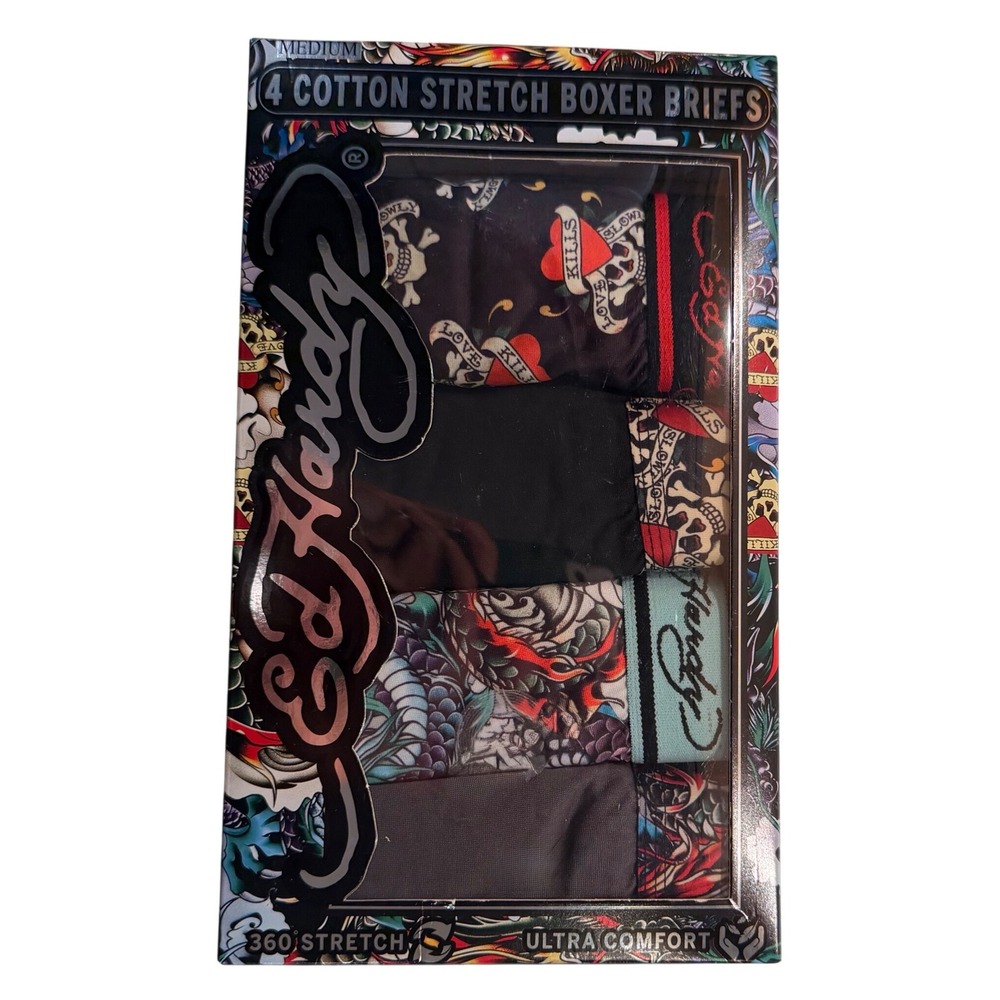 Ed Hardy Cotton Stretch Boxer Briefs 4 Pack (MD 32-34) Soft Skull Dragon Tattoo